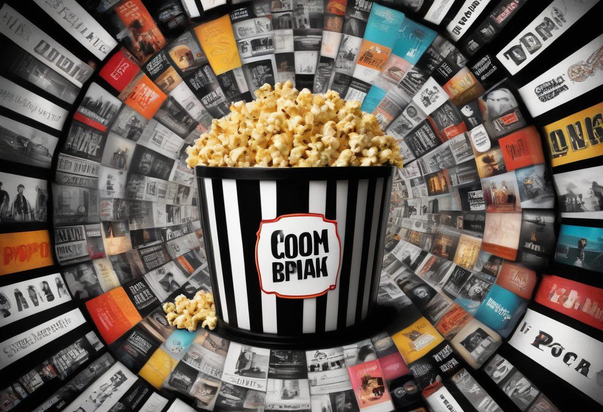 A dynamic collage that blends classic film elements like vintage reels and popcorn with modern movie posters and streaming icons, showcasing a spectrum of genres from black-and-white classics to vibrant, current blockbuster releases. Add a filmstrip unwinding through the center connecting the past and present, accented with a popcorn bucket and 3D glasses. super-realistic. vibrant colors. cinematic style.
