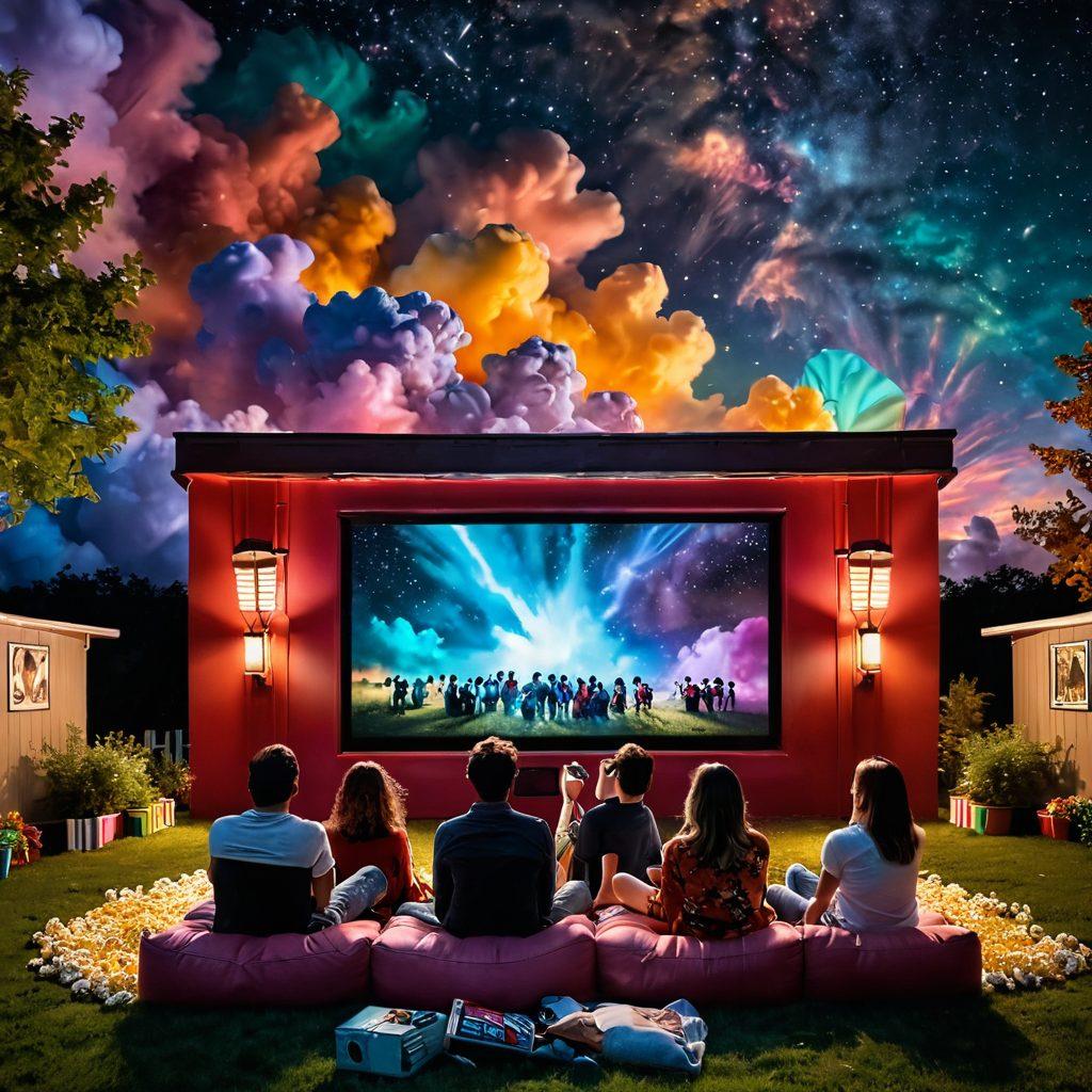 A whimsical cinema with a vintage projector casting a mesmerizing film reel on a large screen, surrounded by floating popcorn, vibrant film posters, and ethereal clouds of colorful smoke. Include a cozy group of friends joyfully watching, with sparkling stars in the night sky. Delve into a dreamy palette of colors and magical elements to evoke the excitement of movie-watching. vibrant colors. dreamlike atmosphere. 3D.