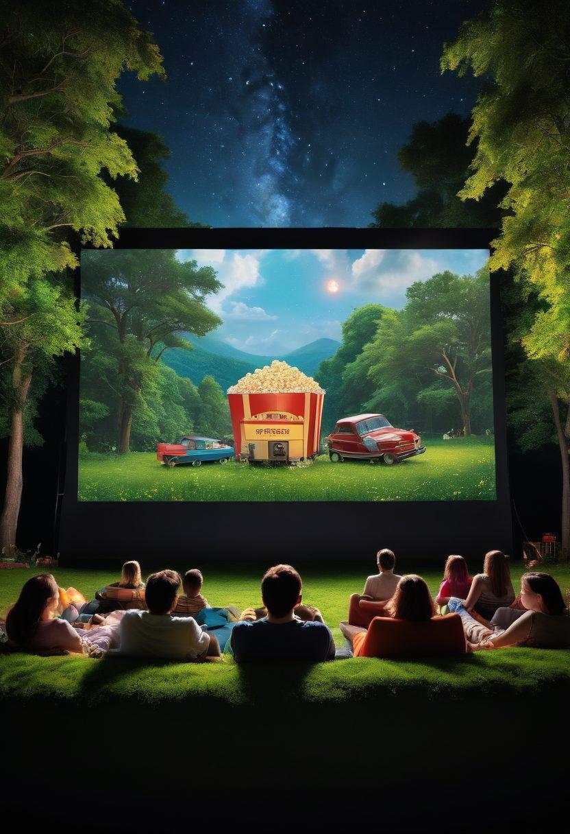 A cinematic landscape featuring a vintage film projector casting vibrant cinematic scenes onto a giant screen surrounded by lush greenery. In the foreground, diverse viewers, engrossed in the spectacle, enjoy popcorn while sharing excitement under a starlit sky. An array of digital devices showcasing various free film streaming platforms floats around them. Capture the essence of adventure and cinematic nostalgia. vibrant colors. 3D.
